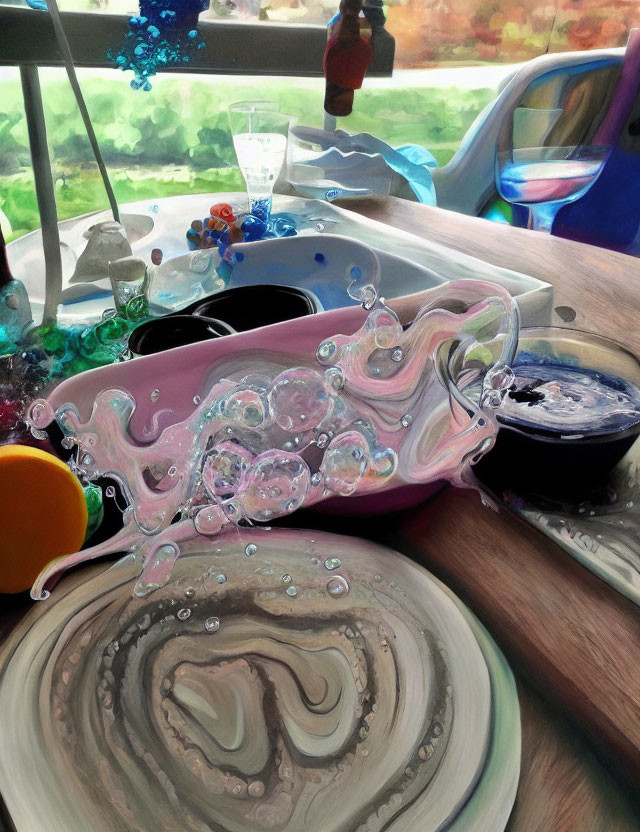 Colorful Glassware and Swirling Patterns on Dining Table Photo