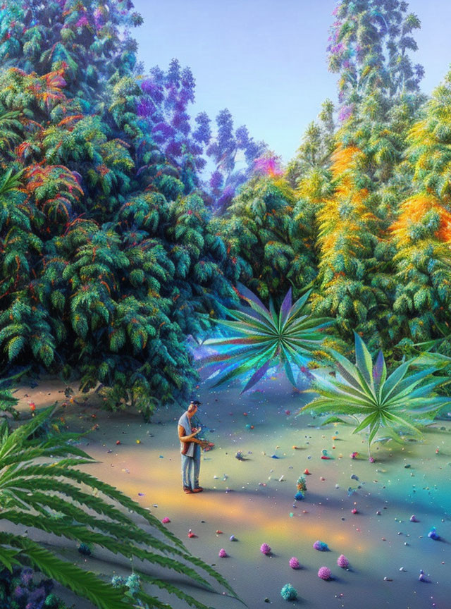 Person in Vibrant Fantasy Landscape with Giant Leaves and Neon Trees