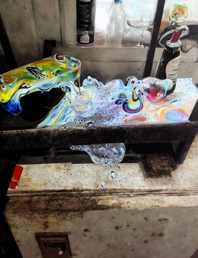 Melting colorful palette on grimy counter with distorted wine bottle and glass