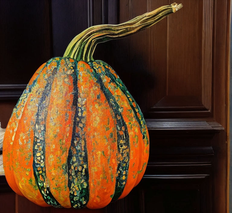 Speckled orange and green pumpkin on wooden doorstep