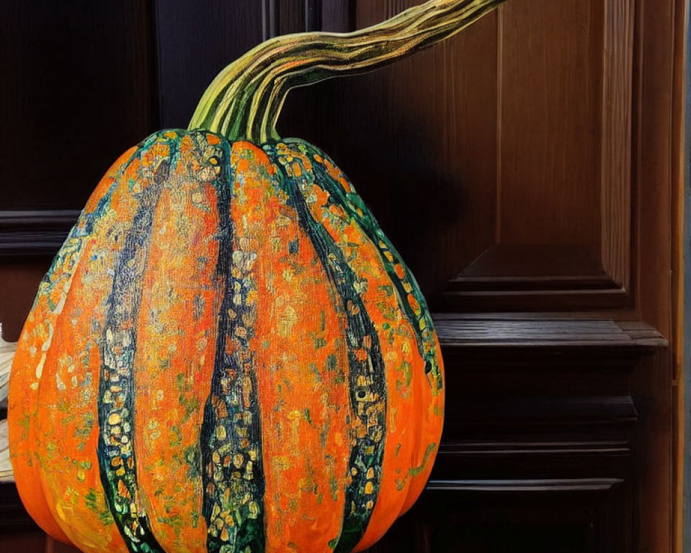 Speckled orange and green pumpkin on wooden doorstep