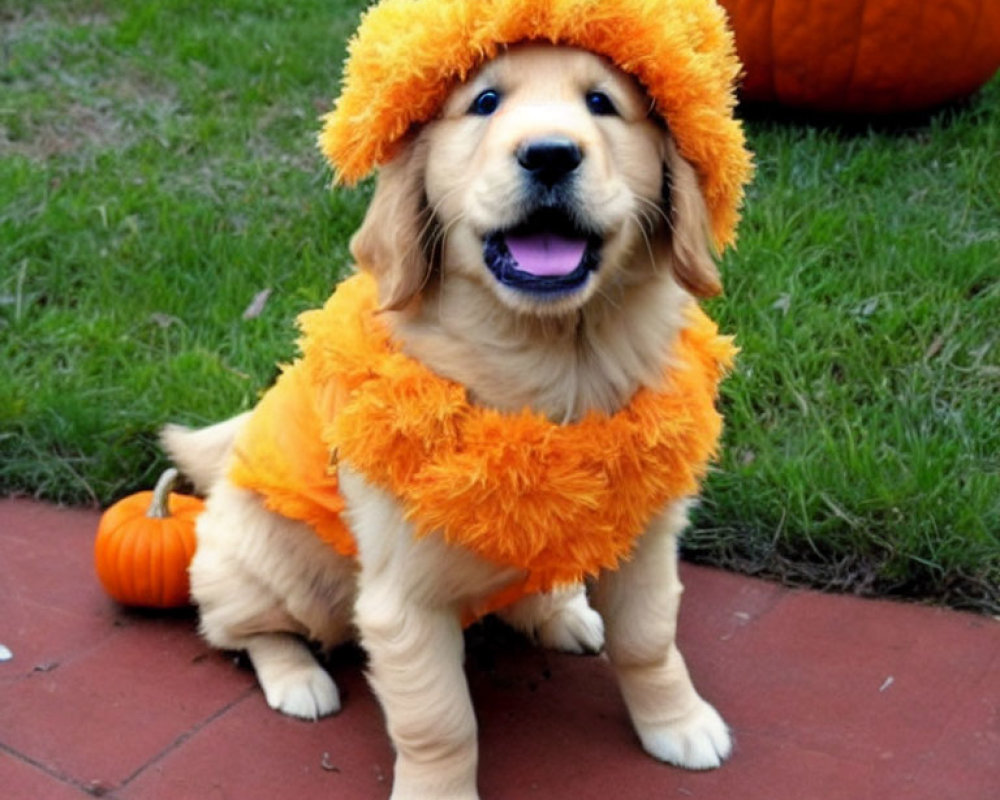 Golden Retriever Puppy in Lion Mane Costume with Pumpkins on Path