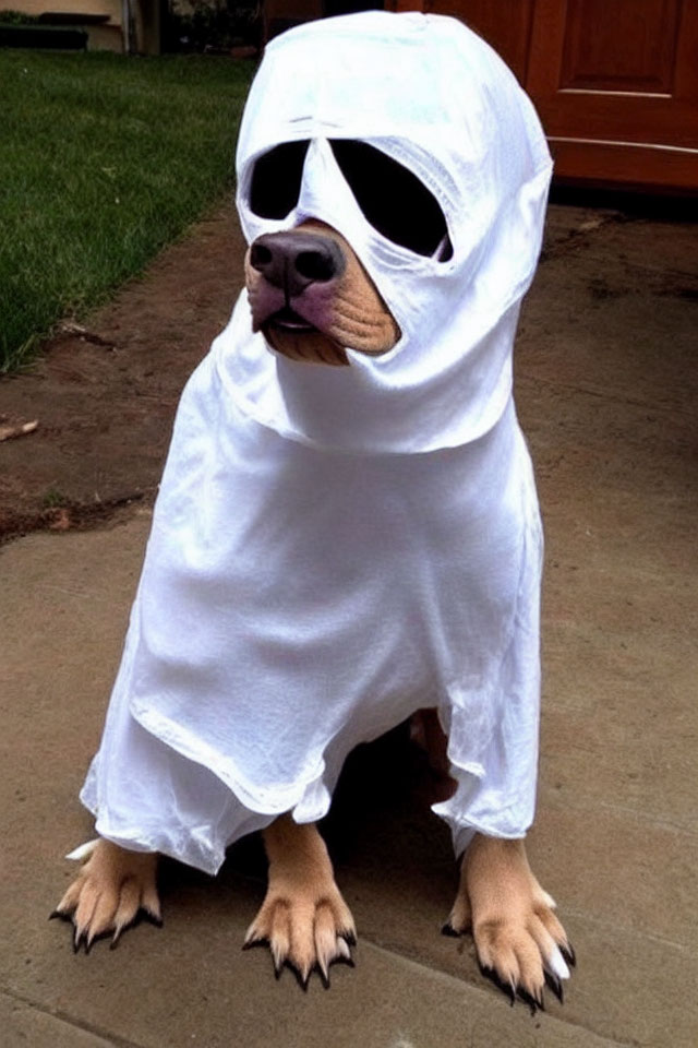 Dog in Ghost Costume on Driveway: White Sheet with Eye Holes