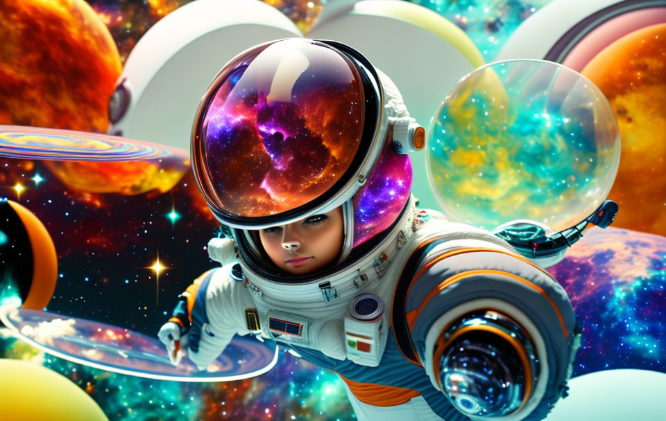 Astronaut in reflective helmet drifts in colorful whimsical cosmos