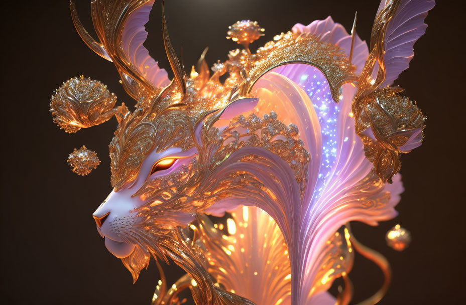 Intricate golden cat-like creature with glowing eyes and ethereal lights