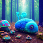 Fantastical forest digital artwork with glowing mushrooms and colorful snail.