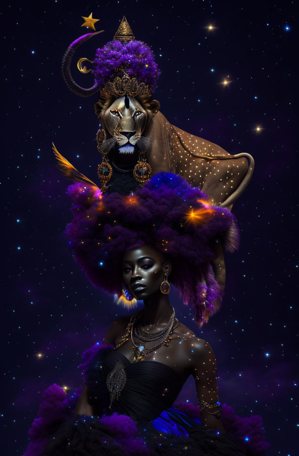 Surreal portrait of woman with cosmic background and lion headdress