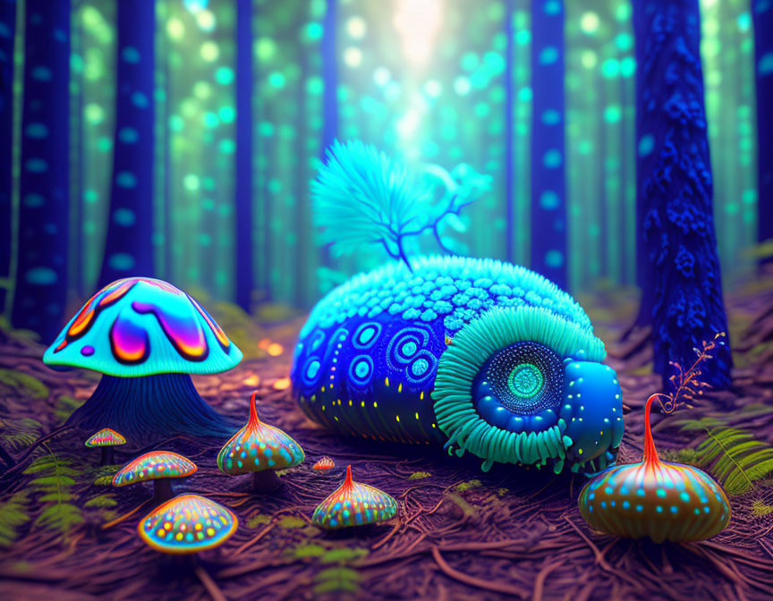 Fantastical forest digital artwork with glowing mushrooms and colorful snail.