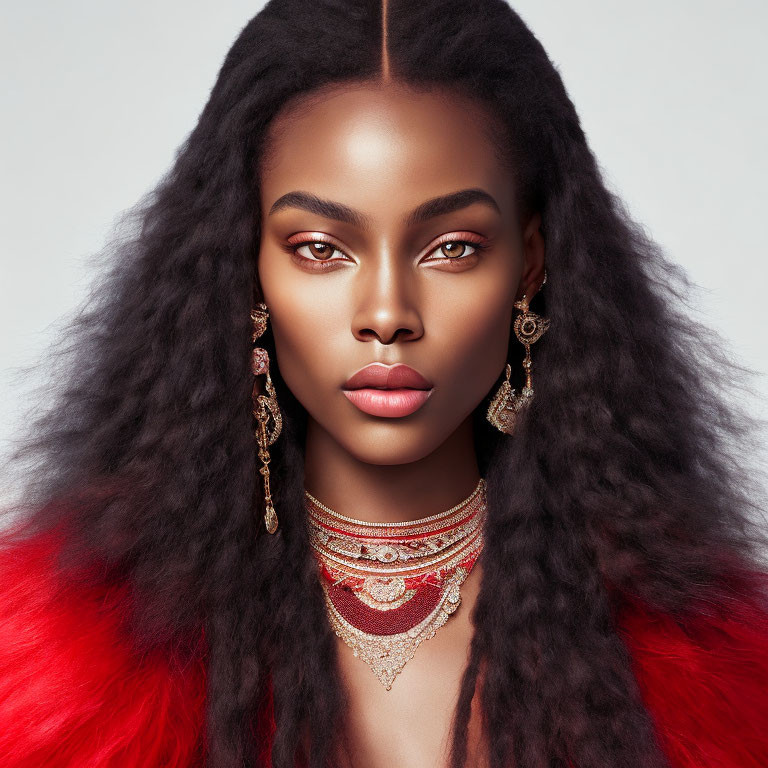 Woman with Full Lips, Bold Makeup, and Statement Jewelry in Voluminous Black Hair