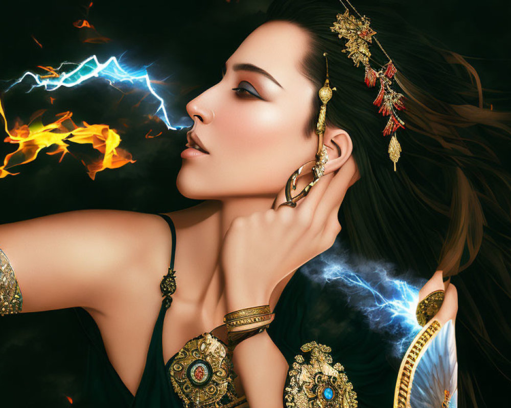 Digital artwork: Woman in gold jewelry and green garment with fire and lightning effects