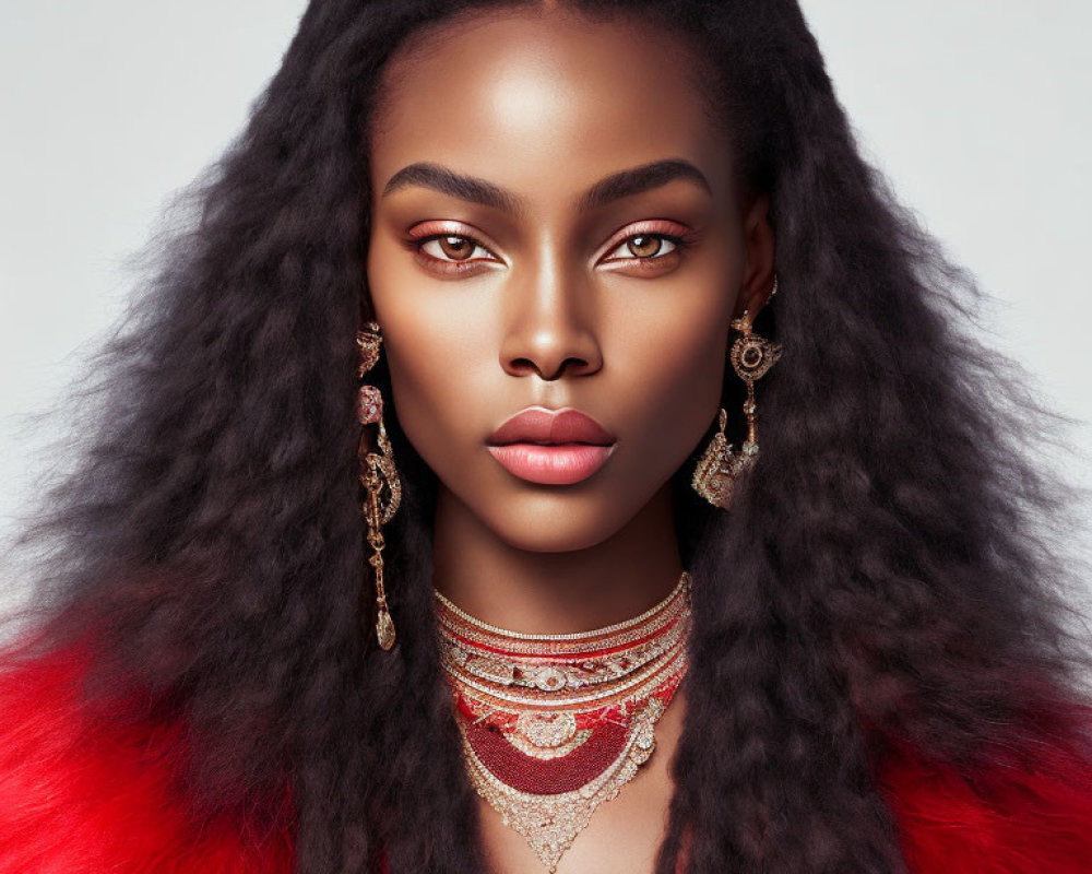 Woman with Full Lips, Bold Makeup, and Statement Jewelry in Voluminous Black Hair