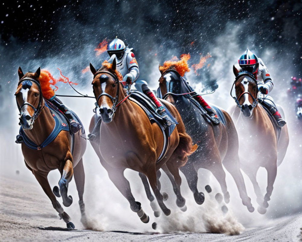 Three jockeys on galloping horses at a racetrack under dramatic sky