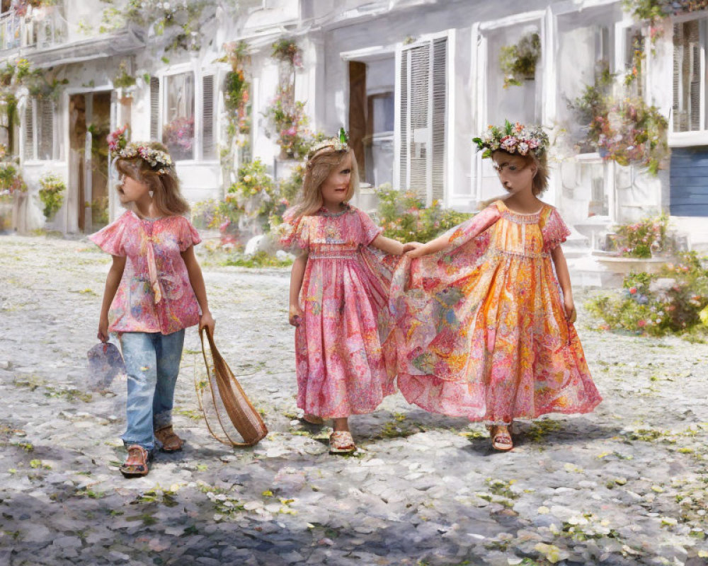 Three young girls in floral dresses stroll down cobbled street with scattered blossoms