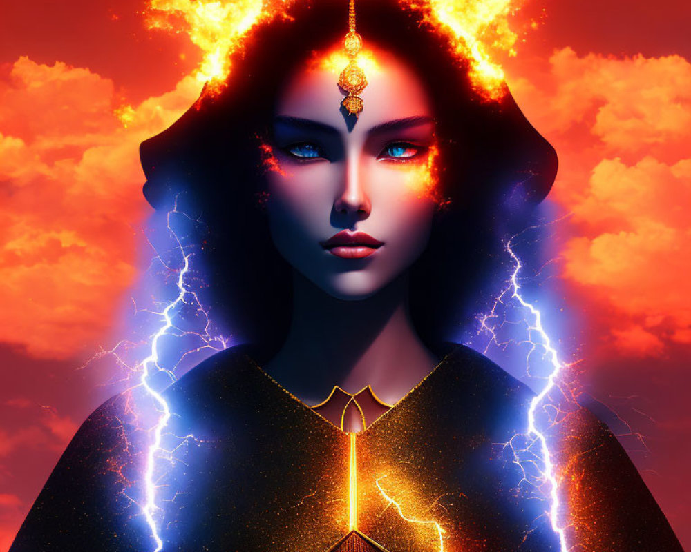 Illustrated female with blue eyes in cosmic theme with golden jewelry on fiery backdrop.