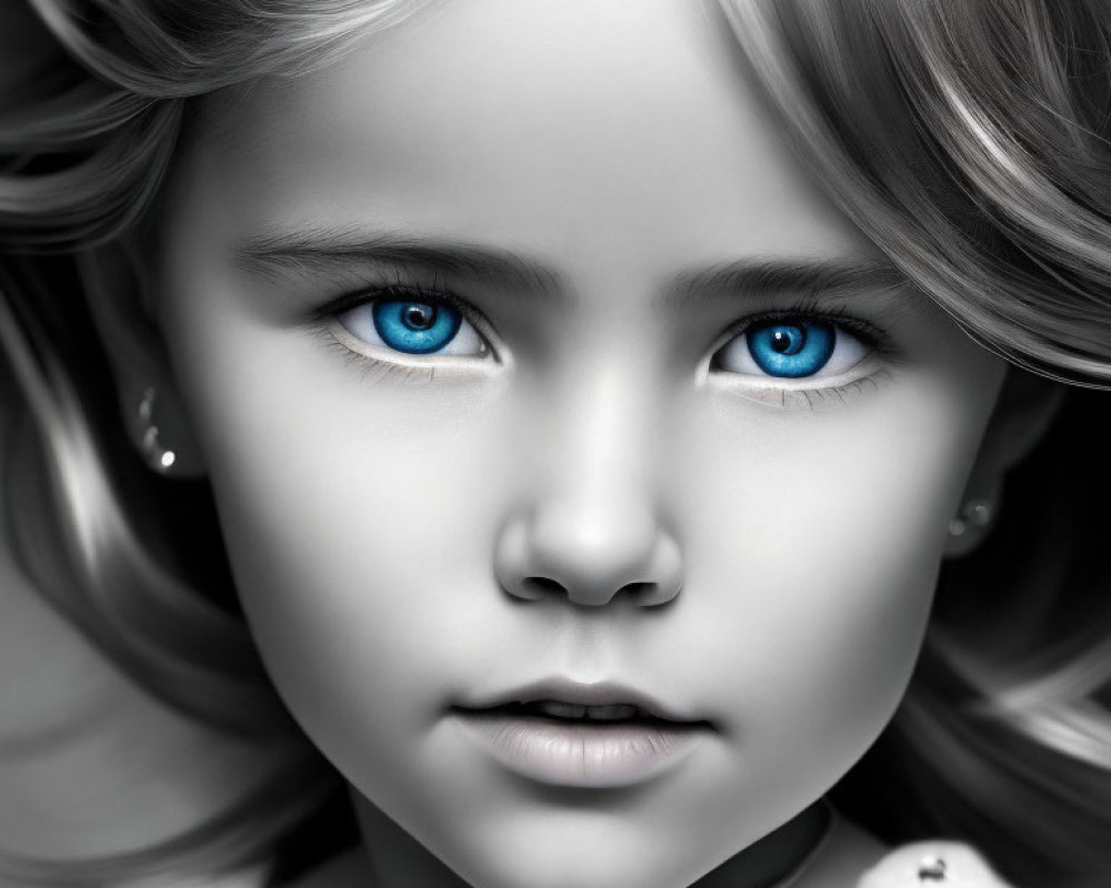 Monochrome portrait of young girl with blue eyes and wavy hair