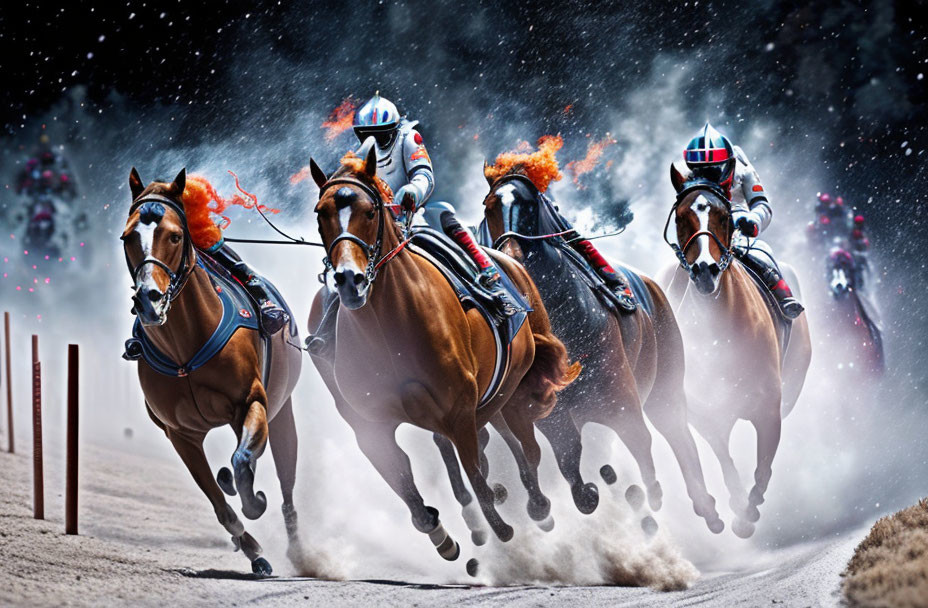 Three jockeys on galloping horses at a racetrack under dramatic sky