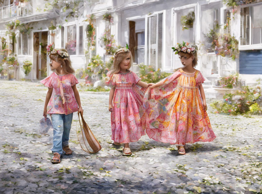 Three young girls in floral dresses stroll down cobbled street with scattered blossoms