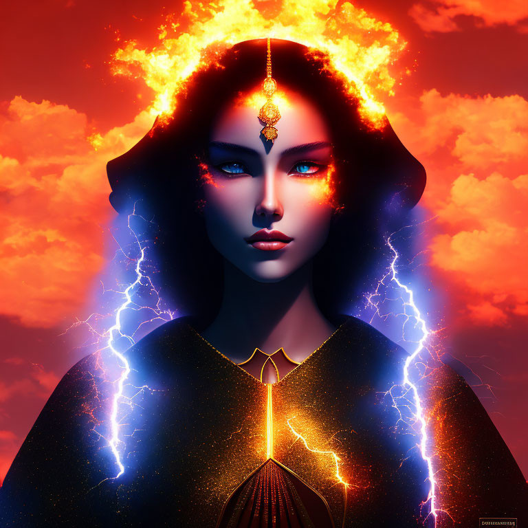 Illustrated female with blue eyes in cosmic theme with golden jewelry on fiery backdrop.