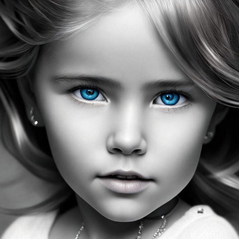 Monochrome portrait of young girl with blue eyes and wavy hair