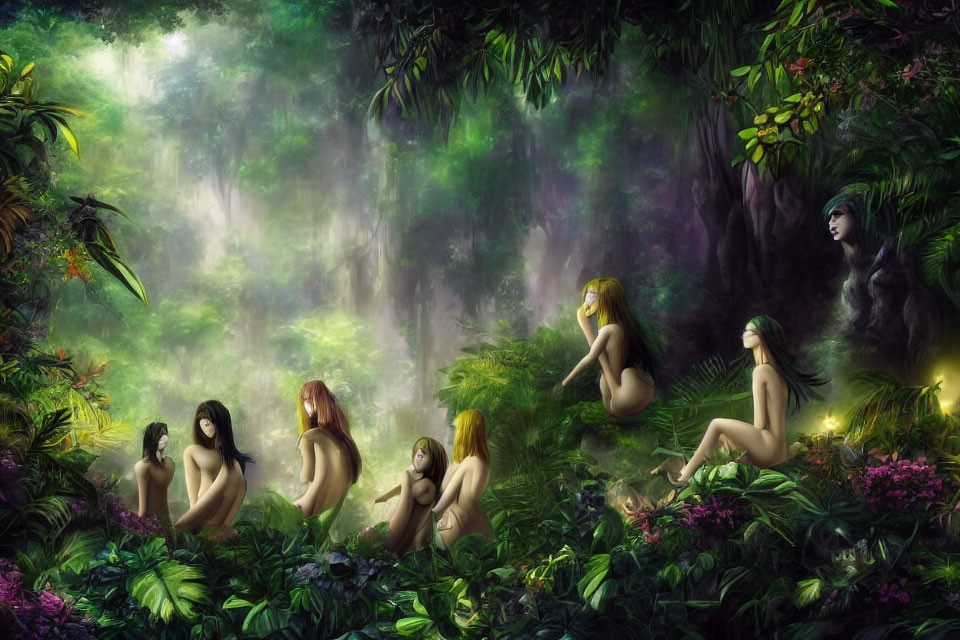 Ethereal female figures in mystical forest setting