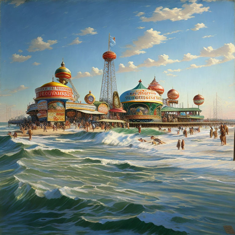 Vibrant beach scene with swimmers and colorful amusement park