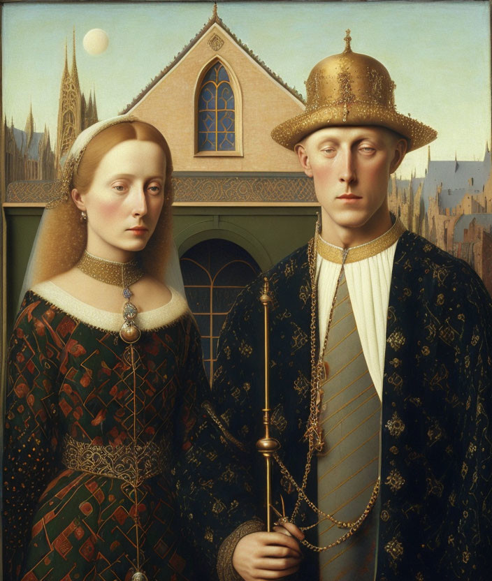 15th-Century Man and Woman in Ornate Garments Before Gothic Backdrop