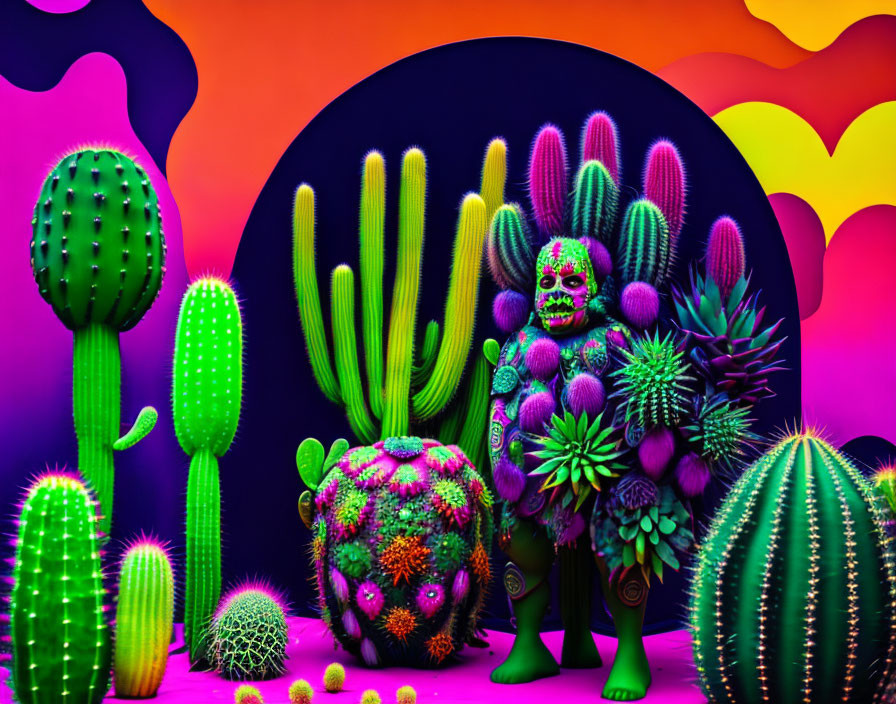 Colorful cacti and floral figure in vibrant scene.