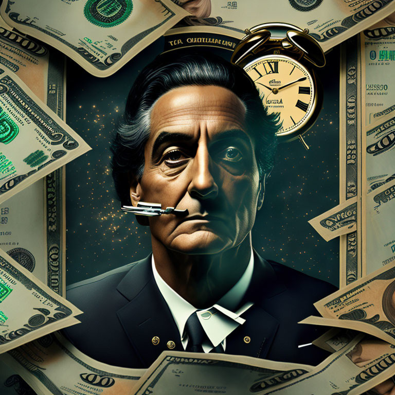 Man in suit with clock eye among dollar bills symbolizing wealth and time.