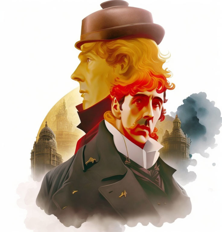 Victorian-inspired artwork featuring merging men and London skyline