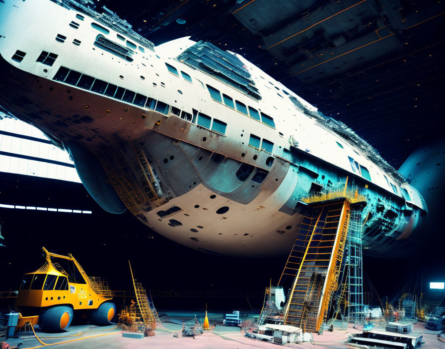 Massive spaceship in hangar with scaffolding, crane, and workers.