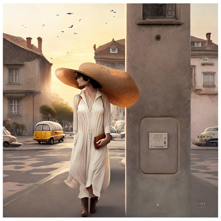 Stylish woman in wide-brimmed hat on vintage street with classic yellow car