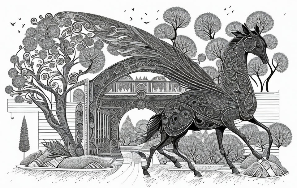 Detailed black and white horse illustration with ornate patterns and elegant bridge.