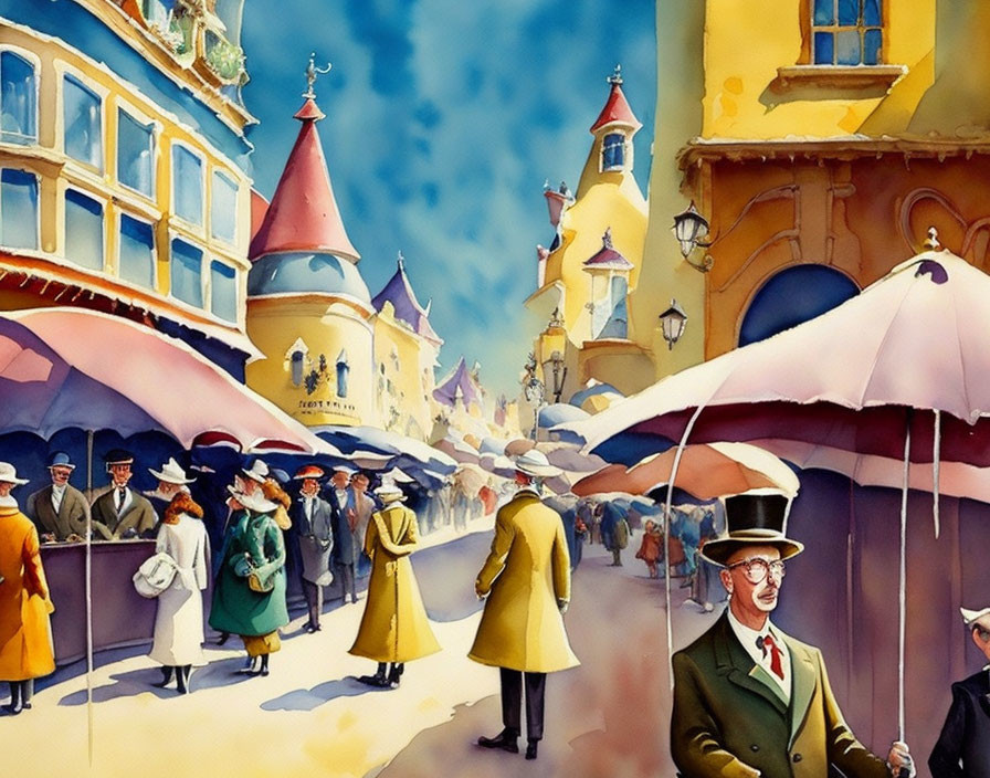 Colorful Watercolor Painting of Bustling Street Scene