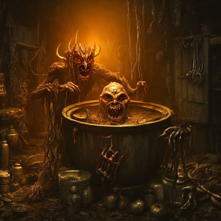 Dark and eerie scene with monstrous creature, cauldron, skull, candles, and potion ingredients