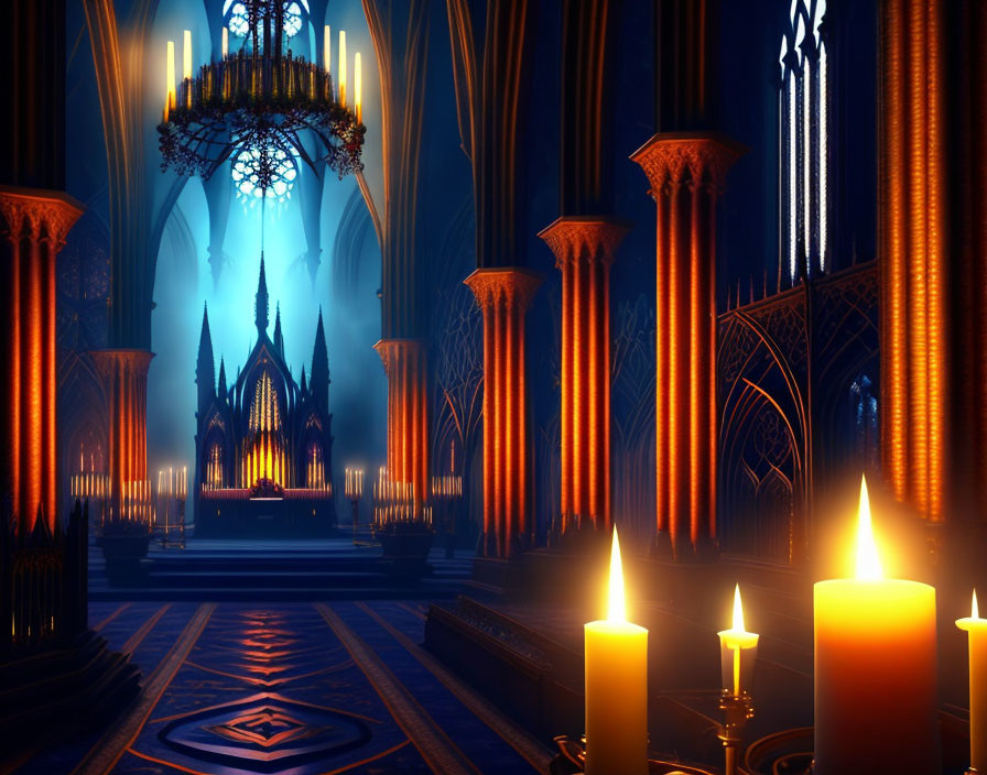 Gothic Cathedral Interior with Stained Glass Windows and Chandelier