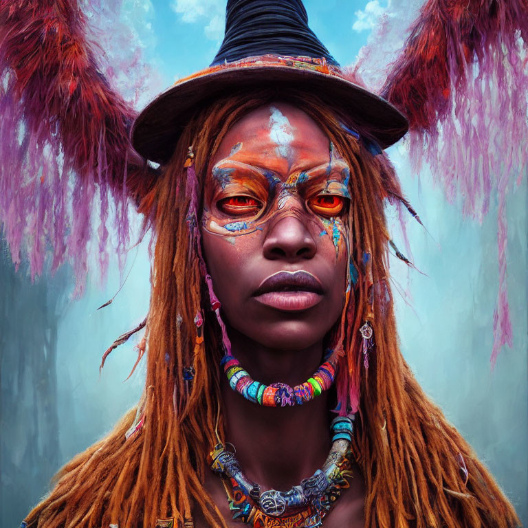 Colorful face paint, witch hat, and eclectic jewelry on mystical background with pink plumes