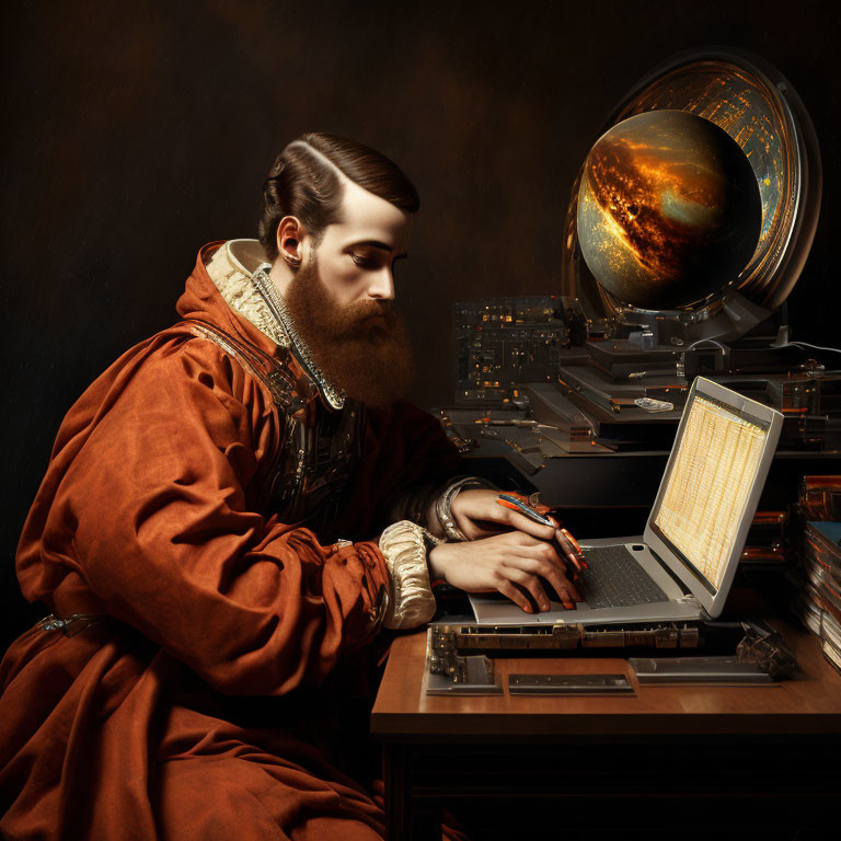 Bearded person in historical attire typing on laptop with futuristic globe in background
