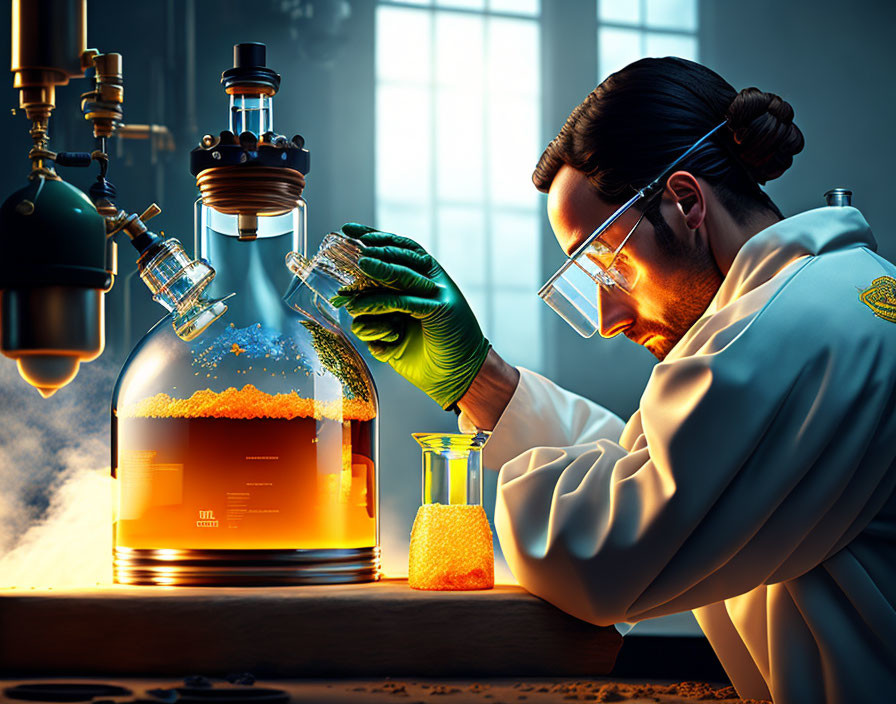 Scientist in safety goggles with large flask and orange substance in dark laboratory