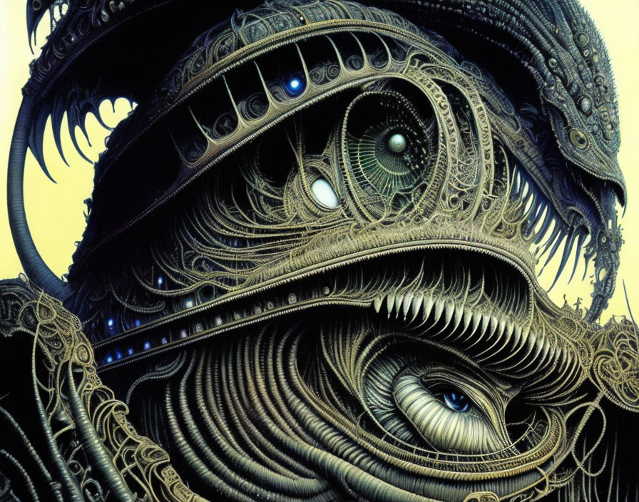 Detailed surreal artwork: ornate, layered mechanical structures with eye motifs.