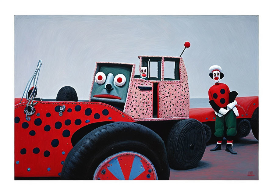 Clown and anthropomorphic vehicles on blue background