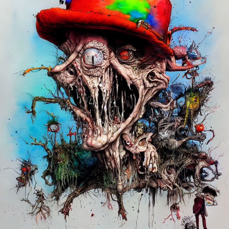 Colorful chaotic artwork with distorted creatures, eyes, and a red hat.