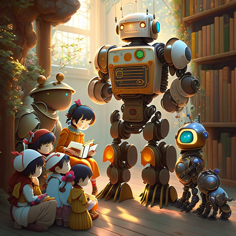 Children reading book with friendly robot and smaller robots in cozy room