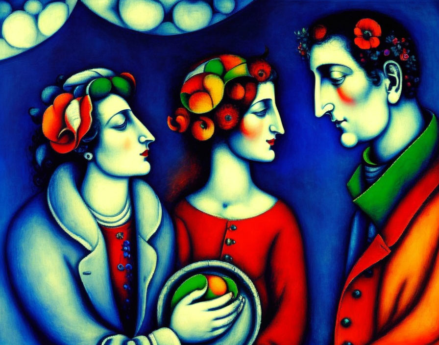 Vibrant painting of three stylized figures with elongated faces and ornate headwear on blue