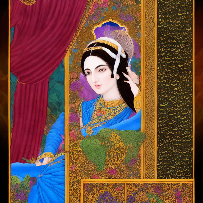 Traditional Persian miniature painting of woman with feather: intricate patterns, vibrant colors, calligraphy.