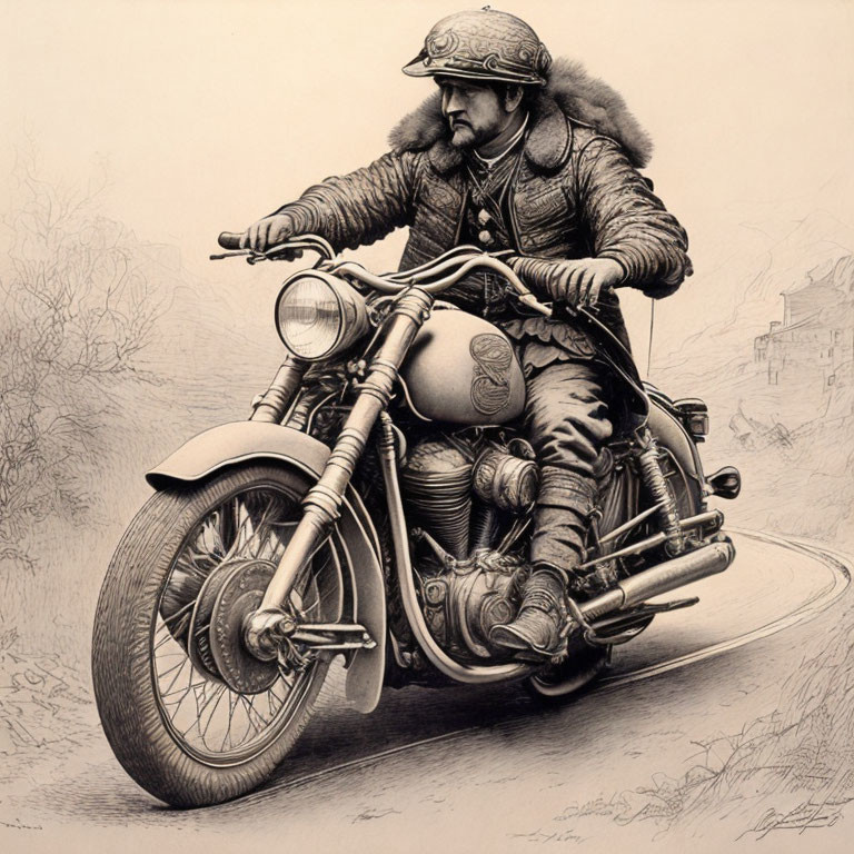 Vintage Pilot Attire Person Riding Classic Motorcycle Illustration