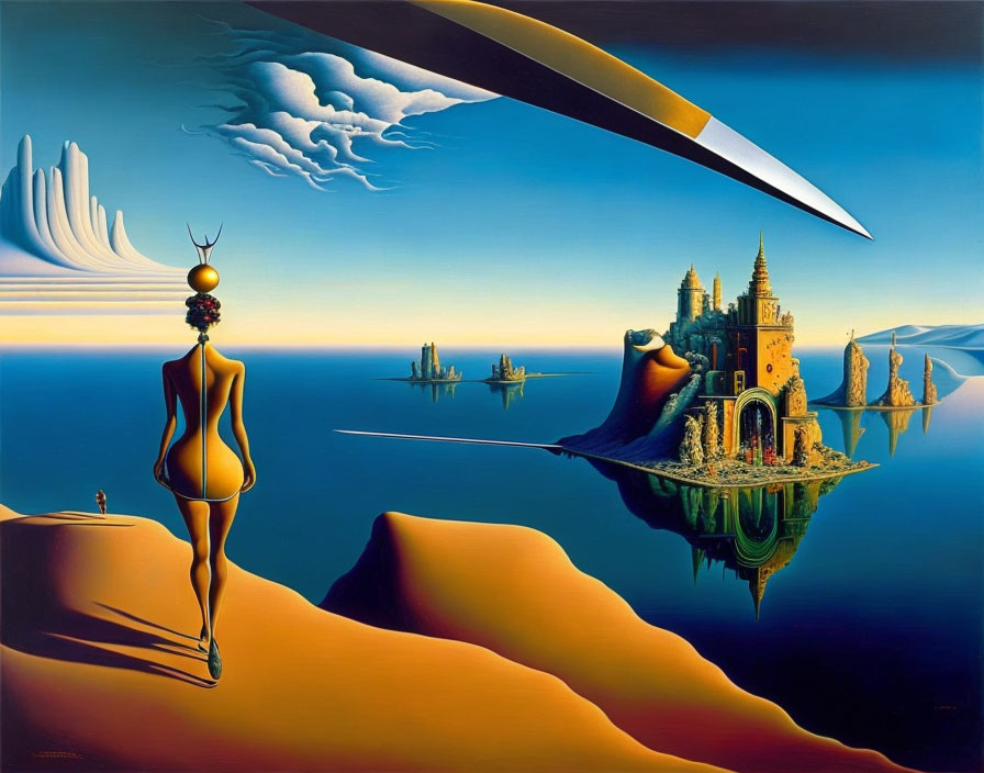 Surreal landscape with woman, floating castle, desert dunes, pencil-like object, and distorted