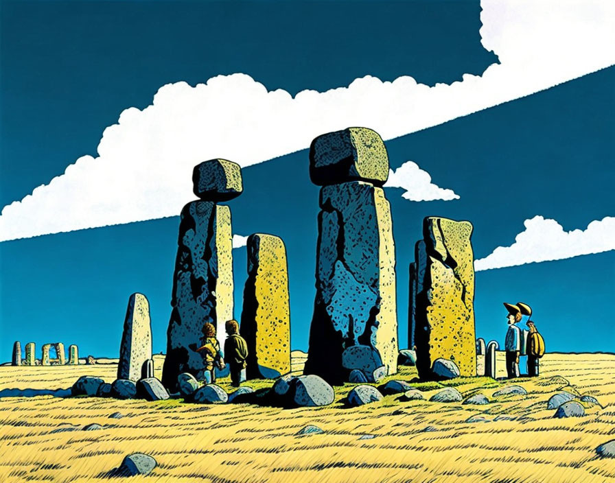 Illustration of Stonehenge with characters, bold outlines, vivid colors