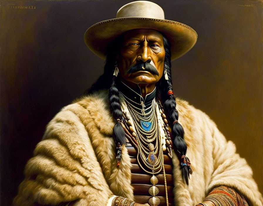 Portrait of stern Native American man in wide-brimmed hat, fur coat, and necklace