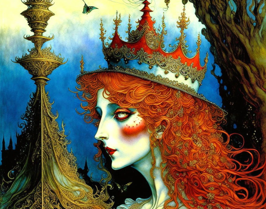 Detailed Red-Haired Woman Illustration with Fantasy Elements