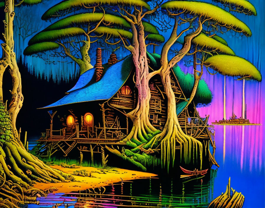 Illustration of secluded forest cabin by river under starry sky